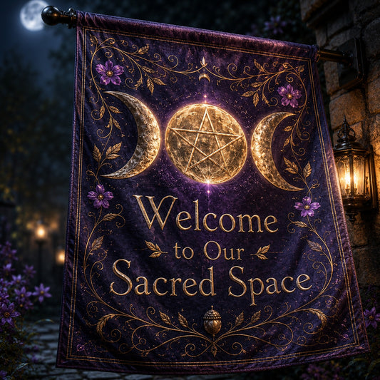 Triple Moon Pentacle house flag displayed outdoors on a garden flag stand