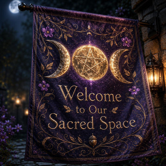 Triple Moon Pentacle house flag displayed outdoors on a garden flag stand