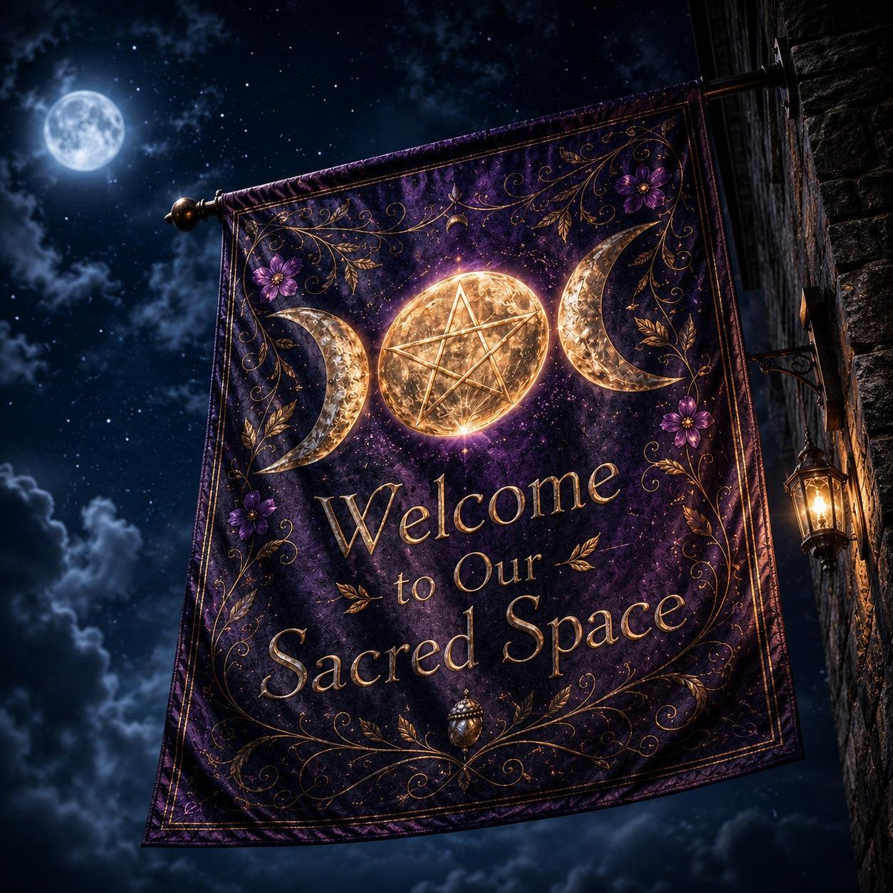 Triple Moon Pentacle house flag mockup hanging outdoors as pagan decor