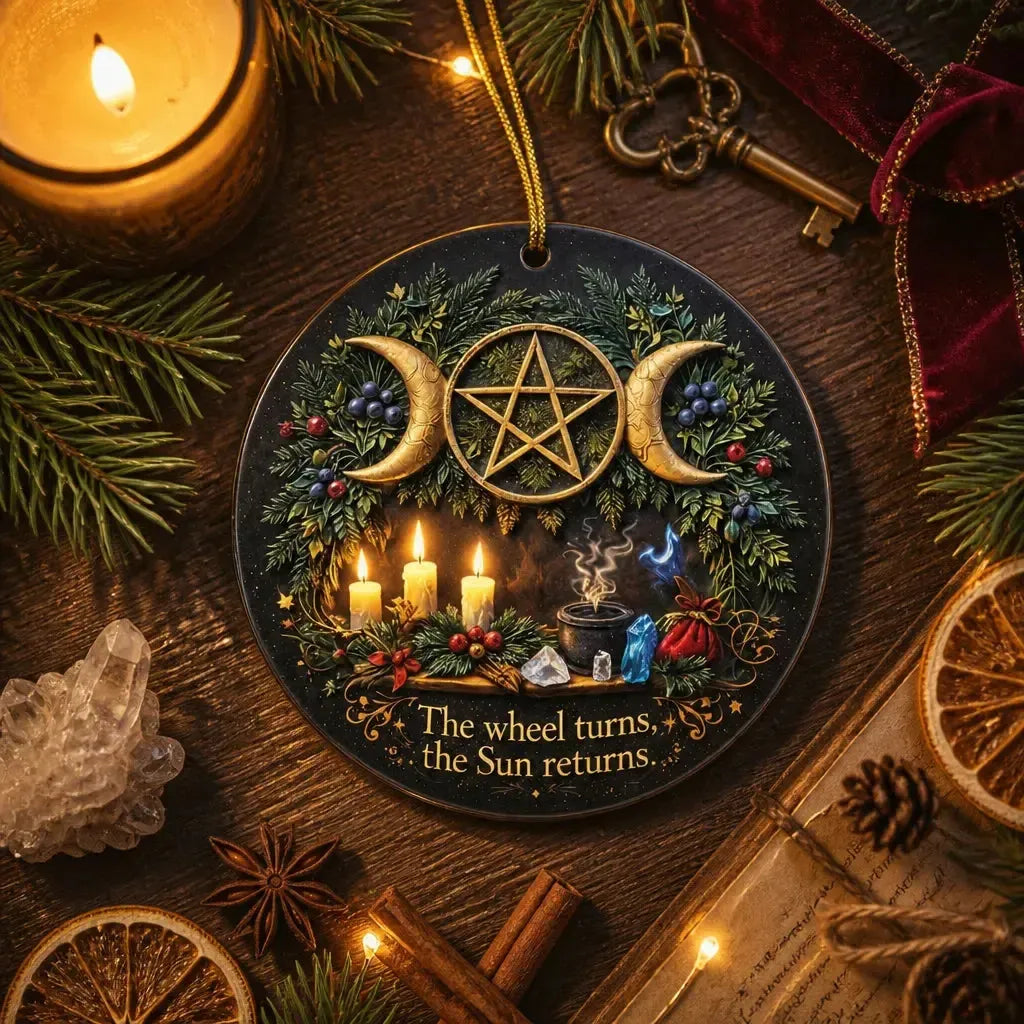 Triple Moon Pentacle Pagan Yule Ceramic Ornament – Wiccan Yule Decor_mockup_3.webp