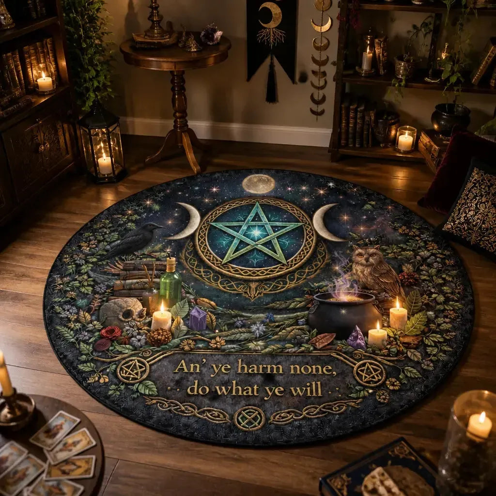 Triple Moon Pentacle Wiccan Round Rug Witchy Raven Carpet for Pagan Home Decor_mockup_1.webp