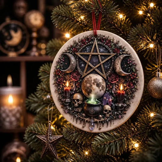 Triple Moon Pentagram Gothic Christmas Ceramic Ornament โ Wicca Yule Decoration_mockup_1.webp