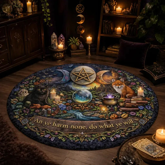 Triple Moon Pentagram Wiccan Round Rug Witchy Cat and Fox Carpet Pagan Home Decor_mockup_1.webp