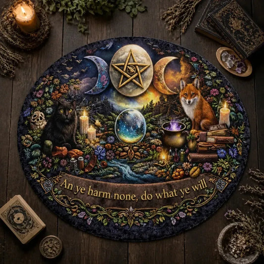 Triple Moon Pentagram Wiccan Round Rug Witchy Cat and Fox Carpet Pagan Home Decor_mockup_2.webp