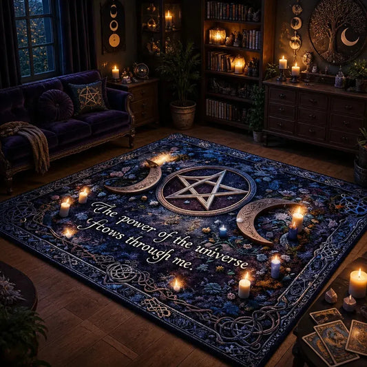 Triple Moon Pentagram Witchcraft Area Rug – Wiccan Spiritual Carpet for Pagan Altar_mockup_1.webp