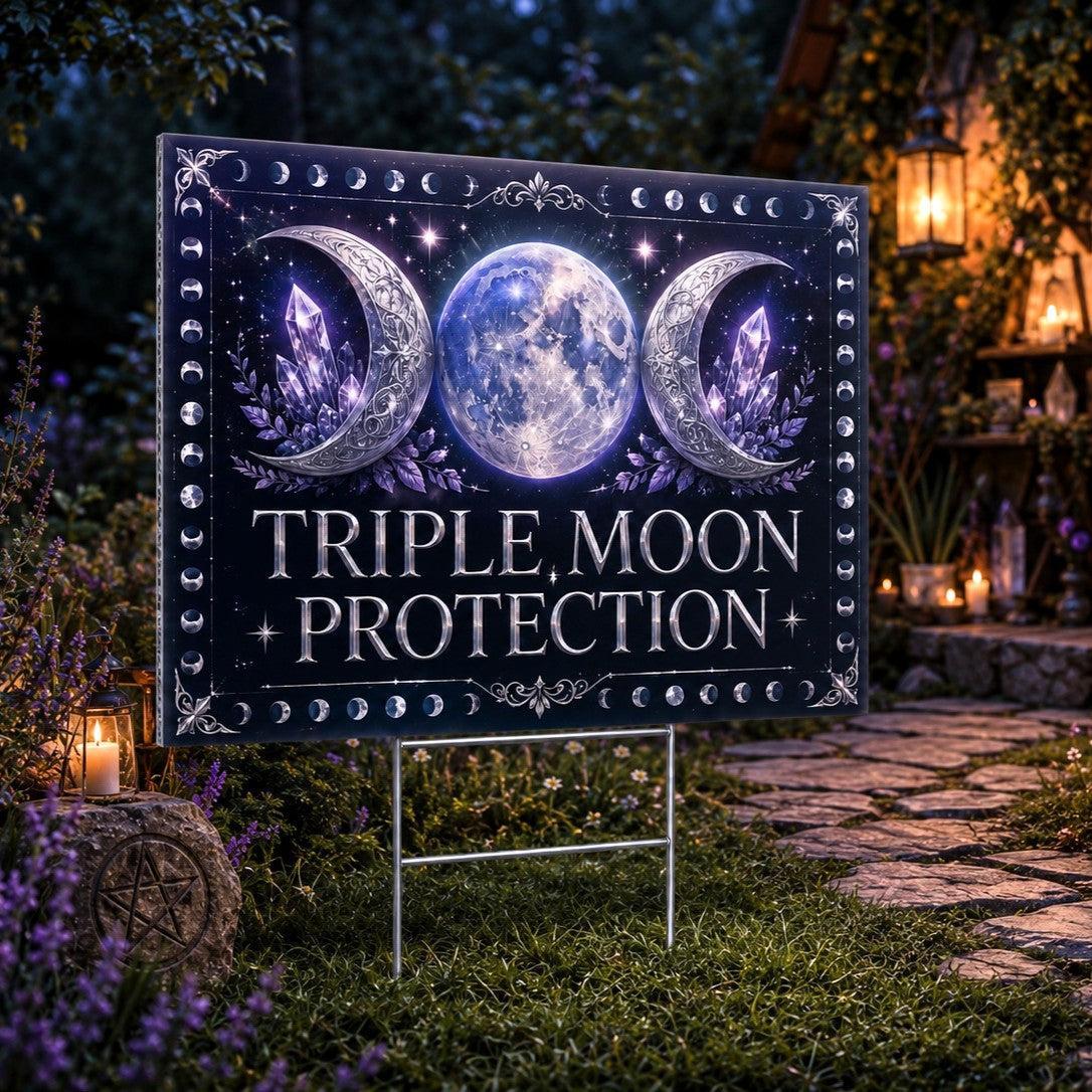 Triple Moon Protection Wicca Yard Sign - close up detail