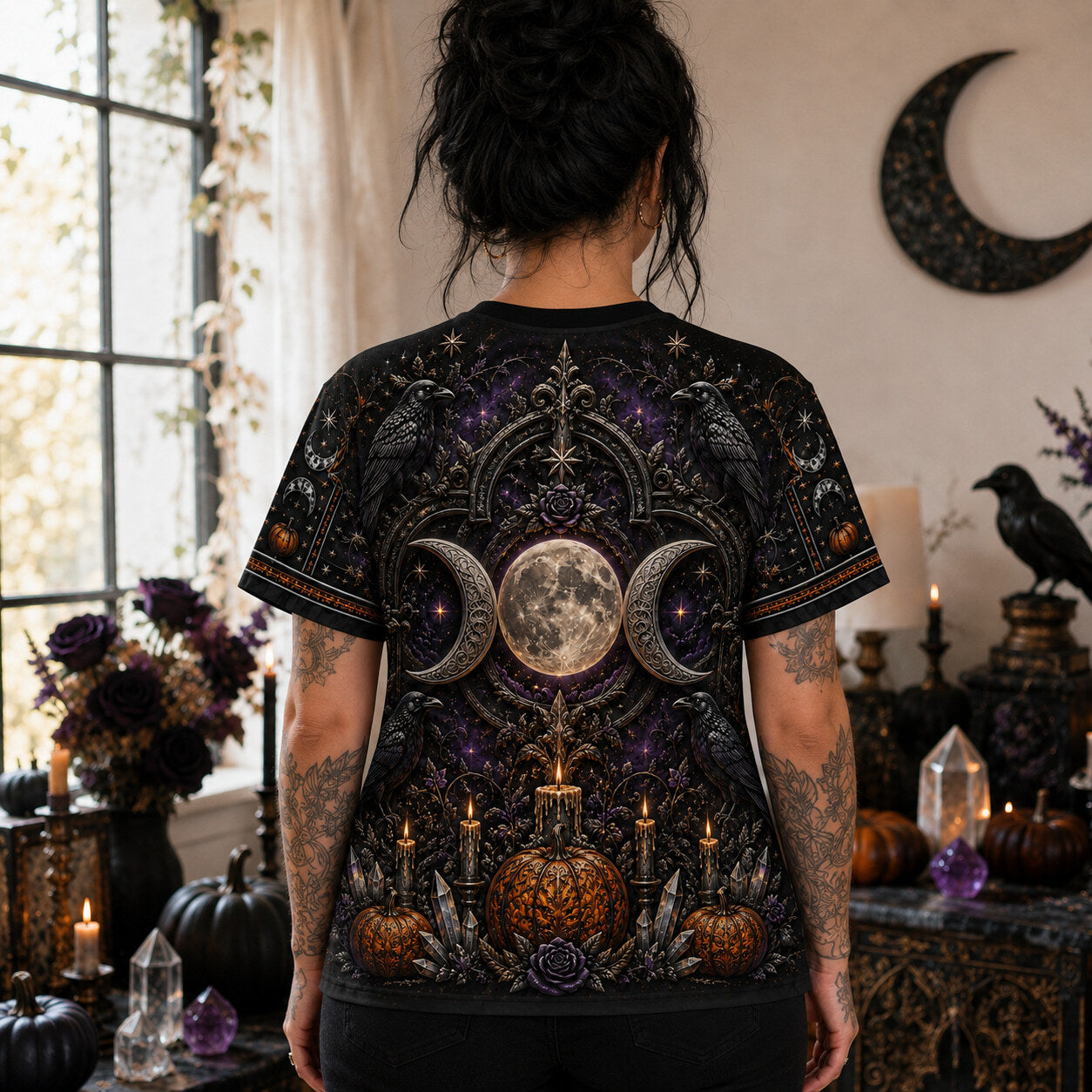 Triple Moon Pumpkin T-Shirt Amethyst Candle Samhain Altar Tee worn, back view