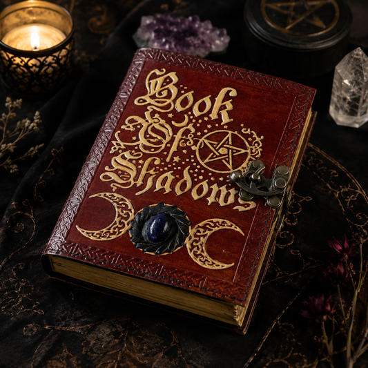 Triple moon stone leather journal – handmade book of shadows witch grimoire, stone inlay, deckle pages, view 2