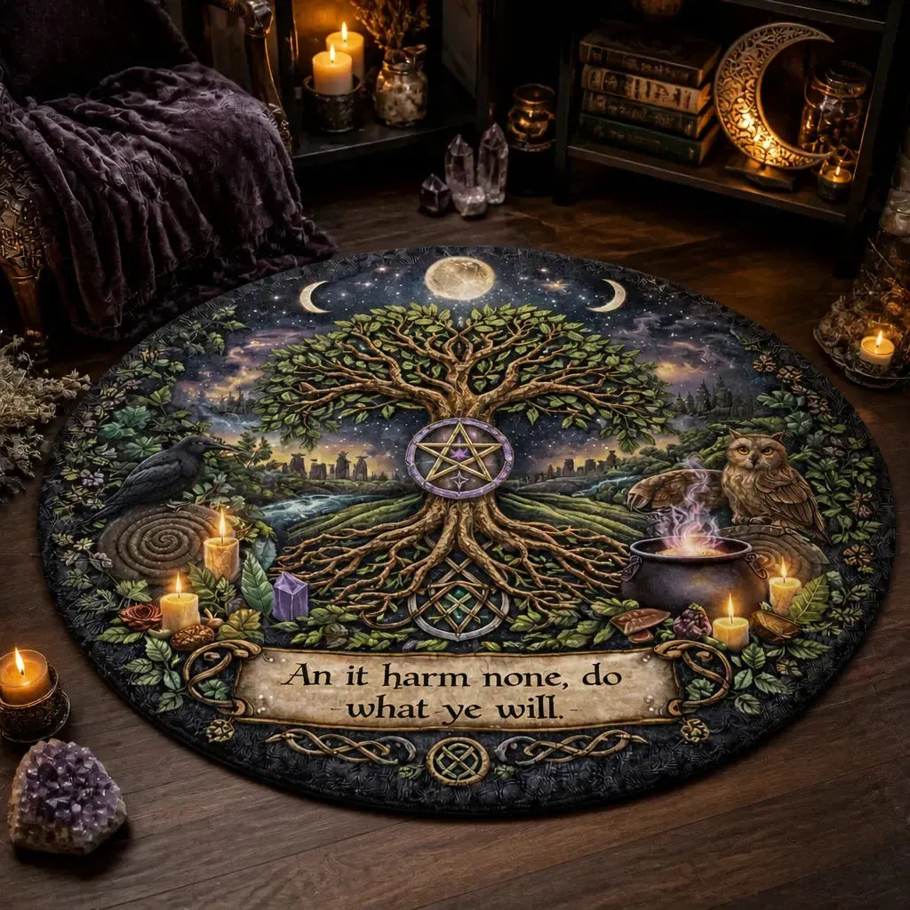 Triple Moon Tree of Life Round Rug Wiccan Raven Owl Carpet Pagan Home Decor_mockup_3.webp