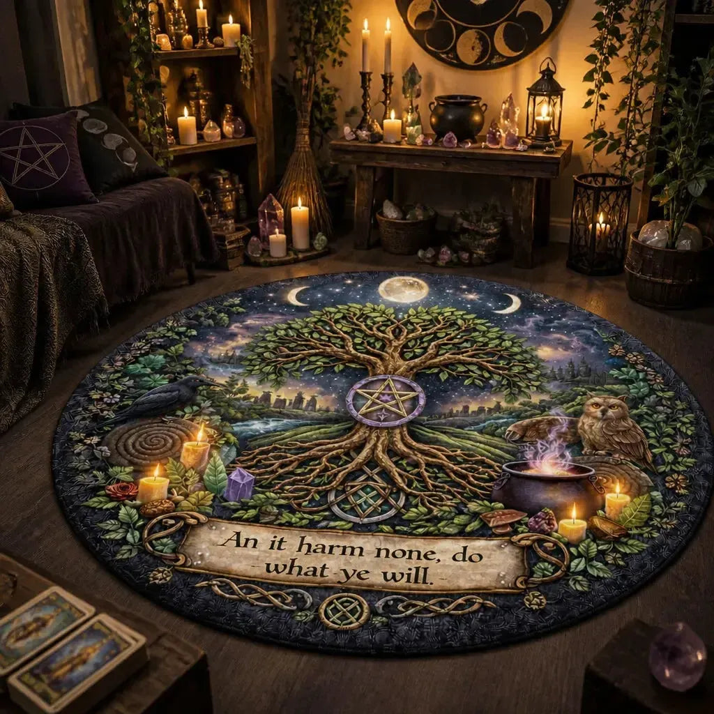 Triple Moon Tree of Life Round Rug Wiccan Raven Owl Carpet Pagan Home Decor_mockup_1.webp
