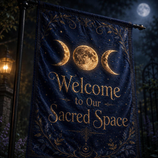 Triple Moon Welcome house flag displayed outdoors on a garden flag stand
