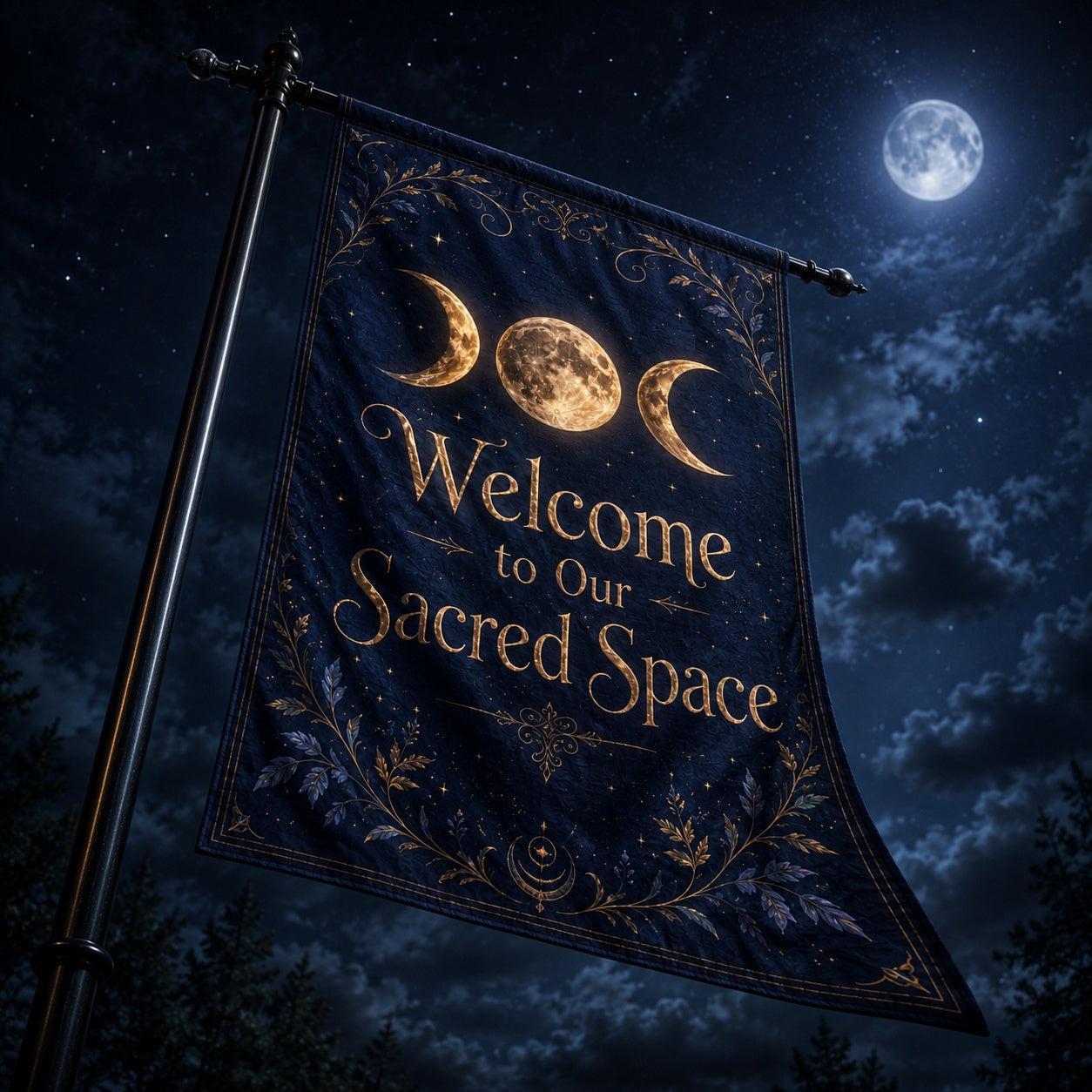 Triple Moon Welcome house flag mockup hanging outdoors as gothic home decor
