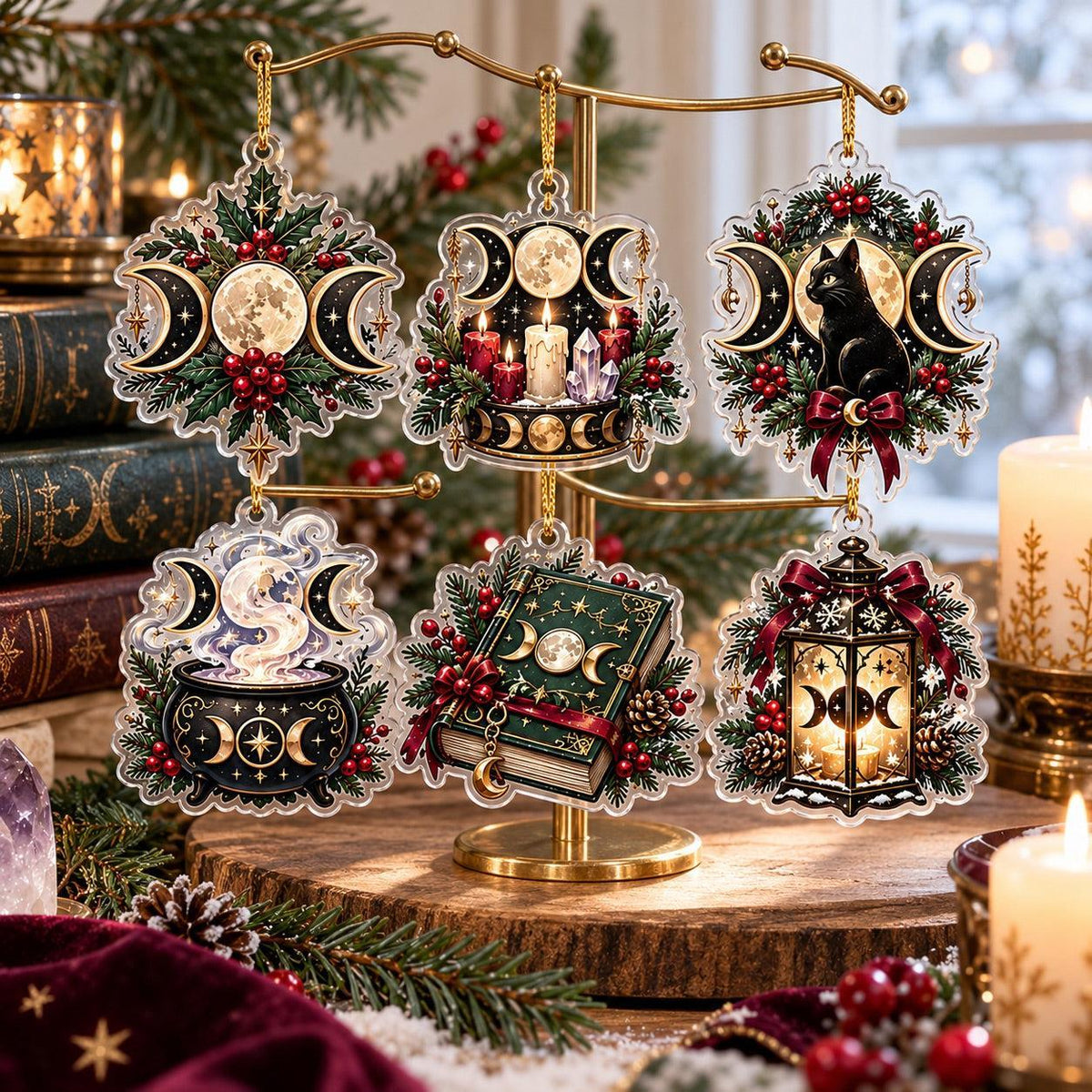 Triple Moon Wiccan Acrylic Ornament Set – Yule Altar Christmas Decor – set of 6, another view