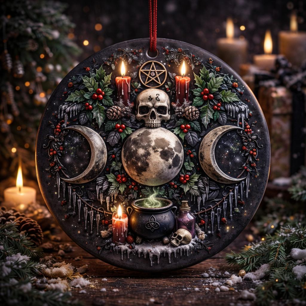 Triple Moon and Skull Wiccan Yule Ceramic Ornament – Witchy Gothic Christmas Ornament-MoonChildWorld