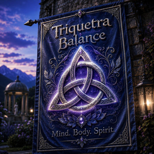 Triquetra Balance house flag displayed outdoors on a garden flag stand