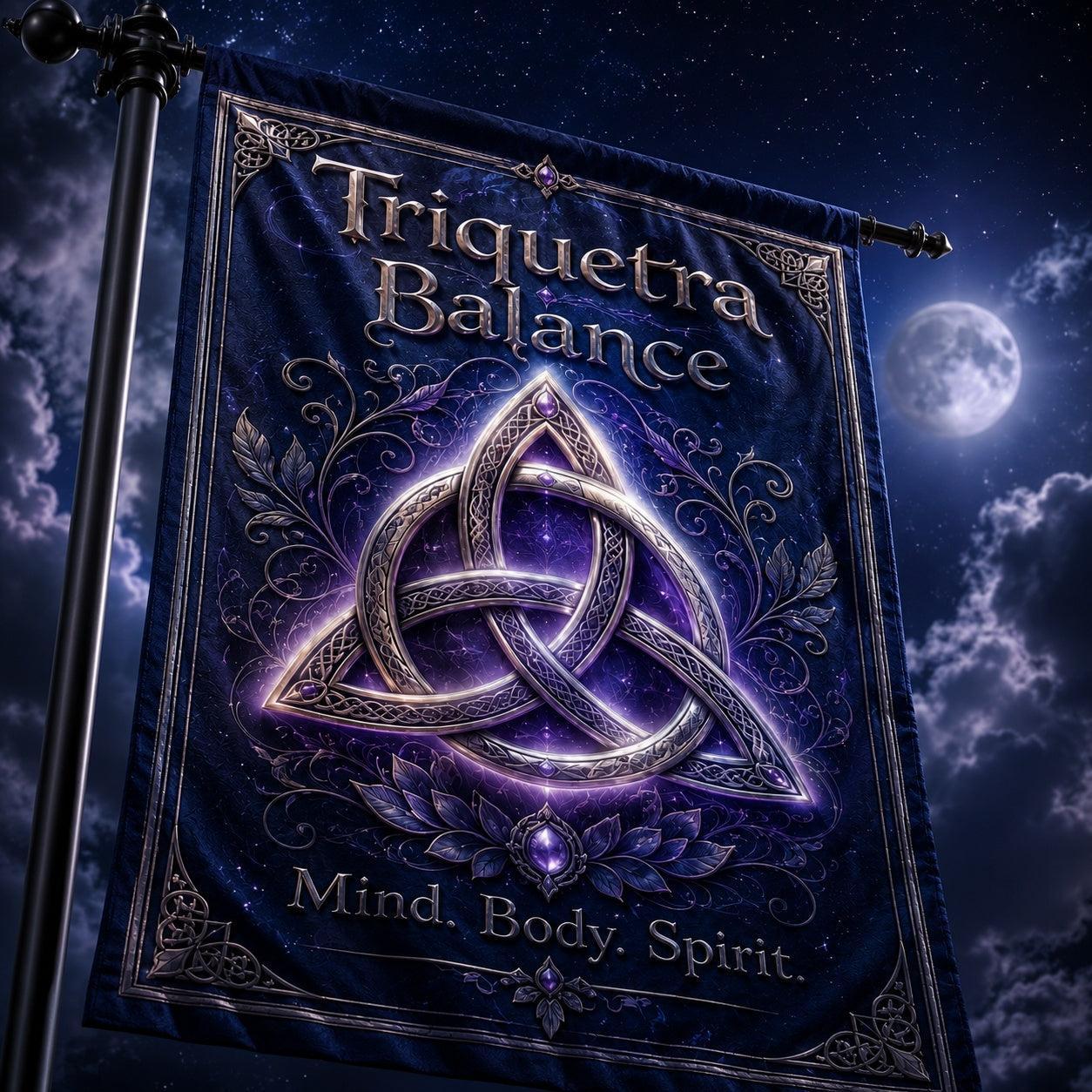 Triquetra Balance house flag mockup hanging outdoors as pagan decor
