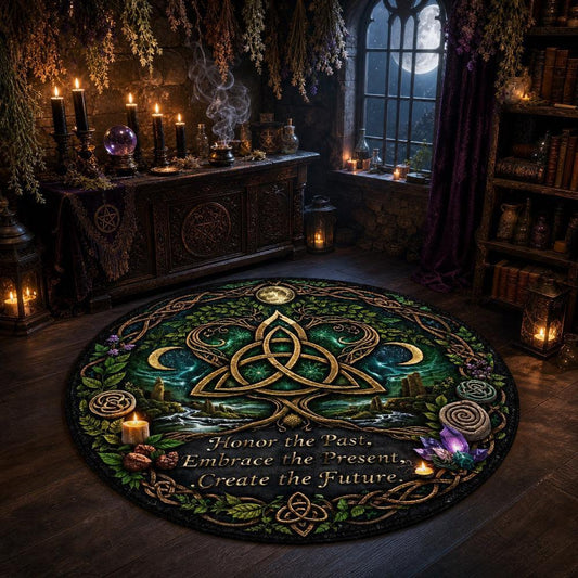A large round black rug with an intricate green and gold Celtic knot design, displayed in a dark, mystical room with candles, books, and a window showing a full moon.