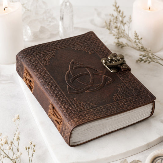 Triquetra Celtic Leather Journal – Antique Large Format Pagan Grimoire Notebook – leather journal, back cover view