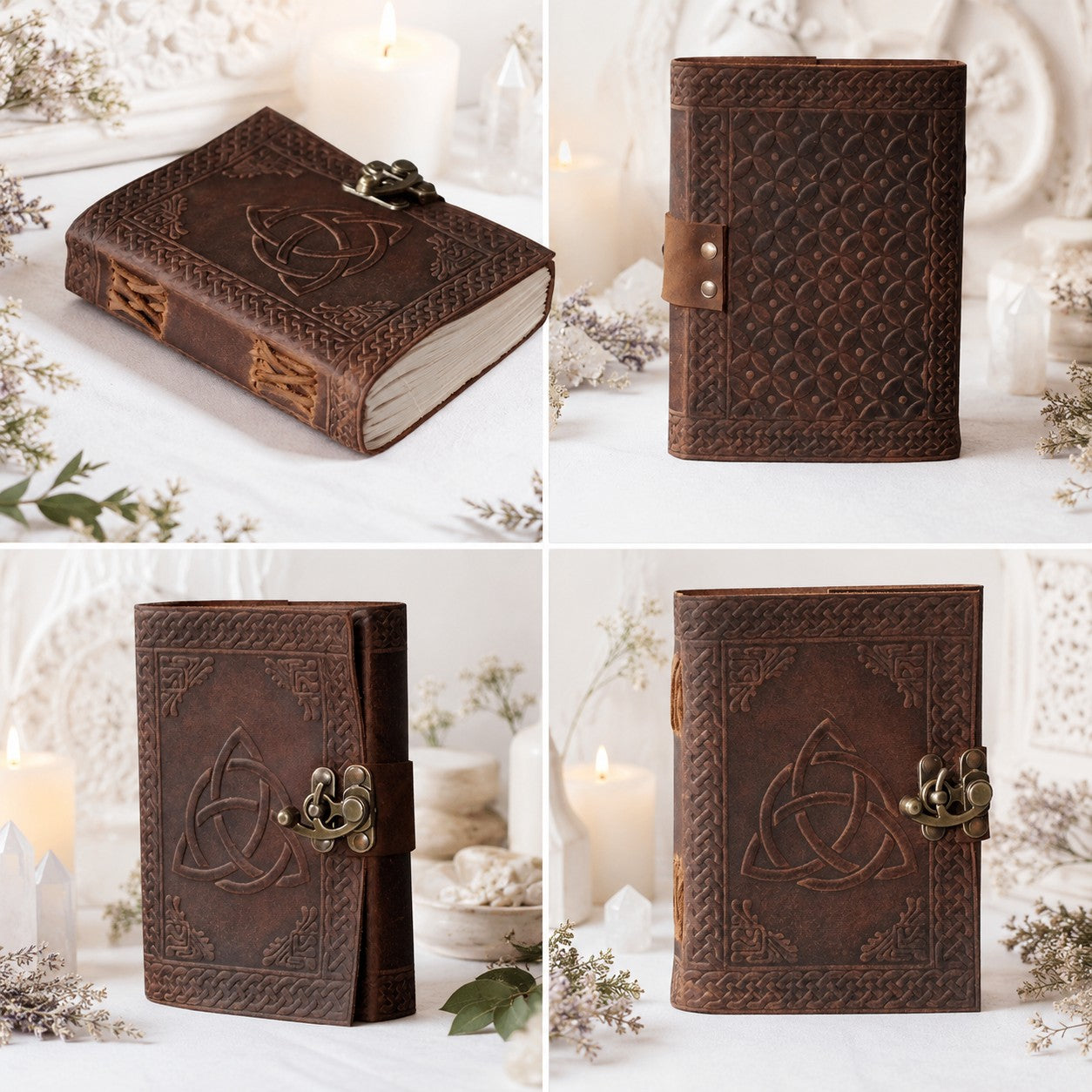 Triquetra Celtic Leather Journal – Antique Large Format Pagan Grimoire Notebook – leather journal, close-up cover detail
