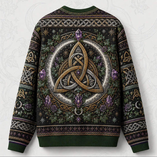 Triquetra Sweater Crescent Amethyst Celtic Knot Green Knit back view