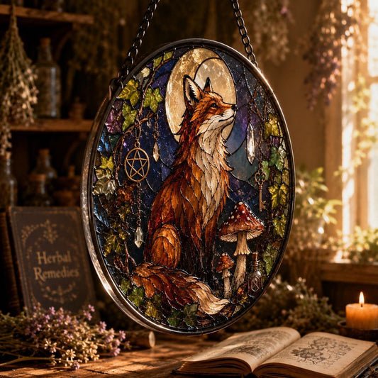 Twilight Fox Moon Mushroom Glass Suncatcher - hanging view