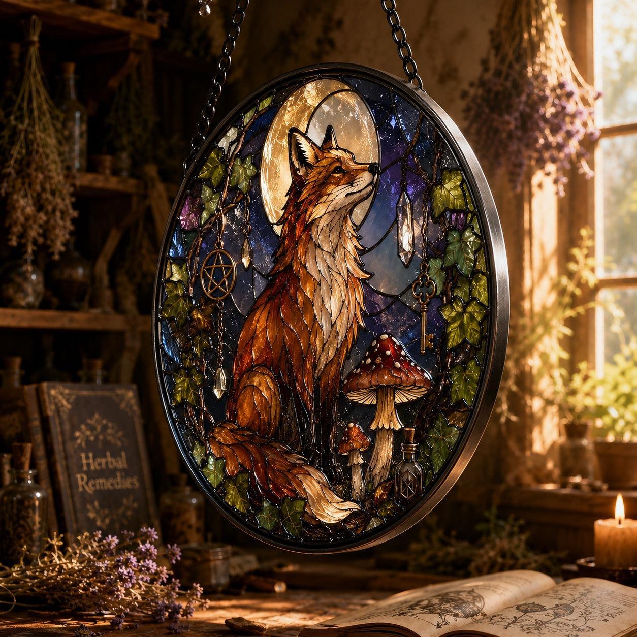 Twilight Fox Moon Mushroom Glass Suncatcher - close up detail