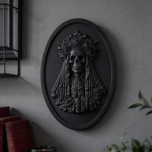 Undead bride wall plaque displayed beside books and a framed print