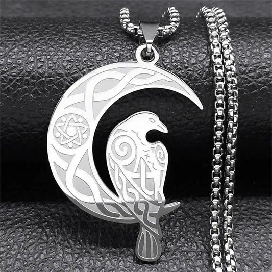 Viking Crow Crescent Moon Necklace Witchcraft Celtic Knot Jewelry-MoonChildWorld