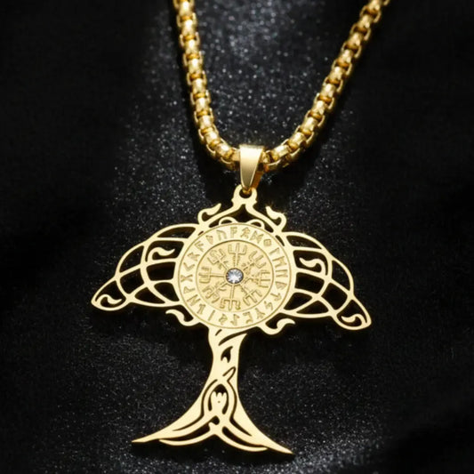 Gold Viking Tree of Life Compass Necklace – Yggdrasil pendant with Vegvisir rune compass and crystal center