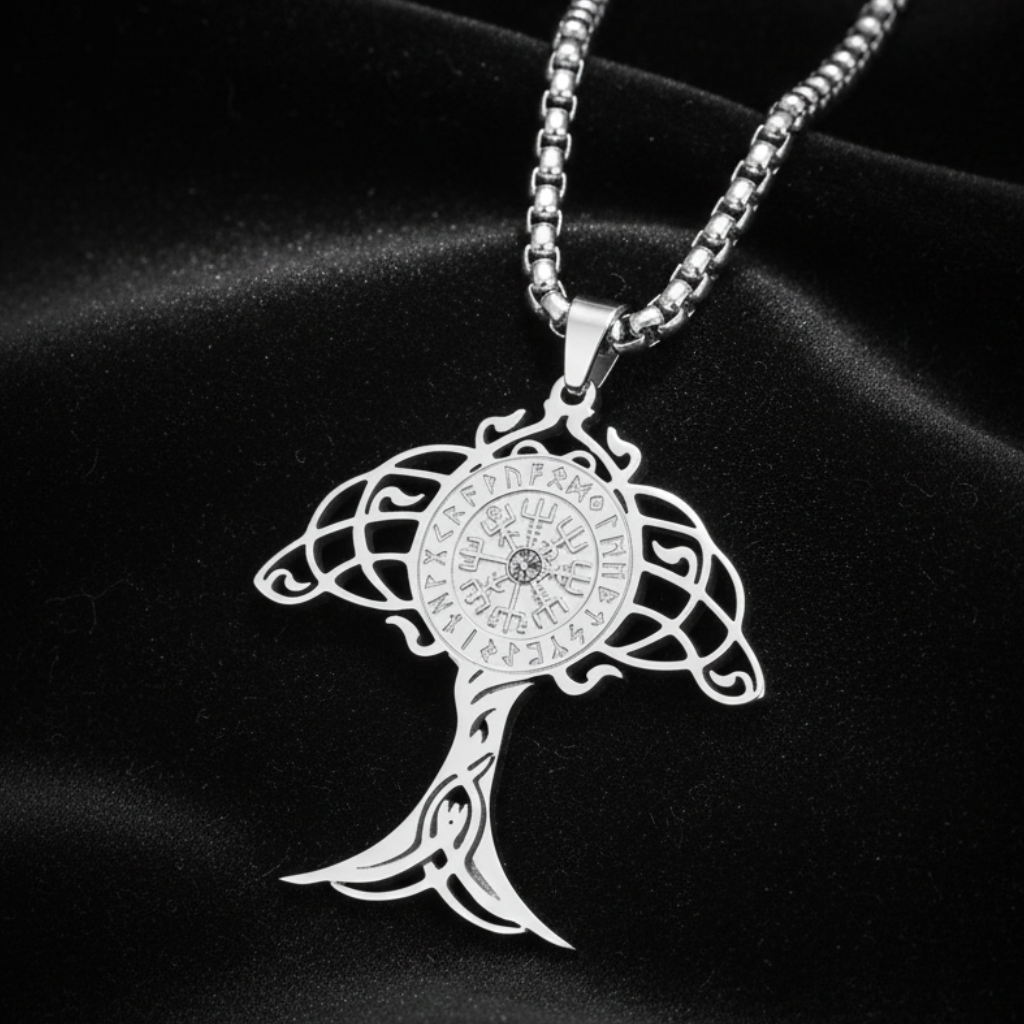 Silver Yggdrasil Tree of Life pendant – Vegvisir rune compass necklace on black satin fabric