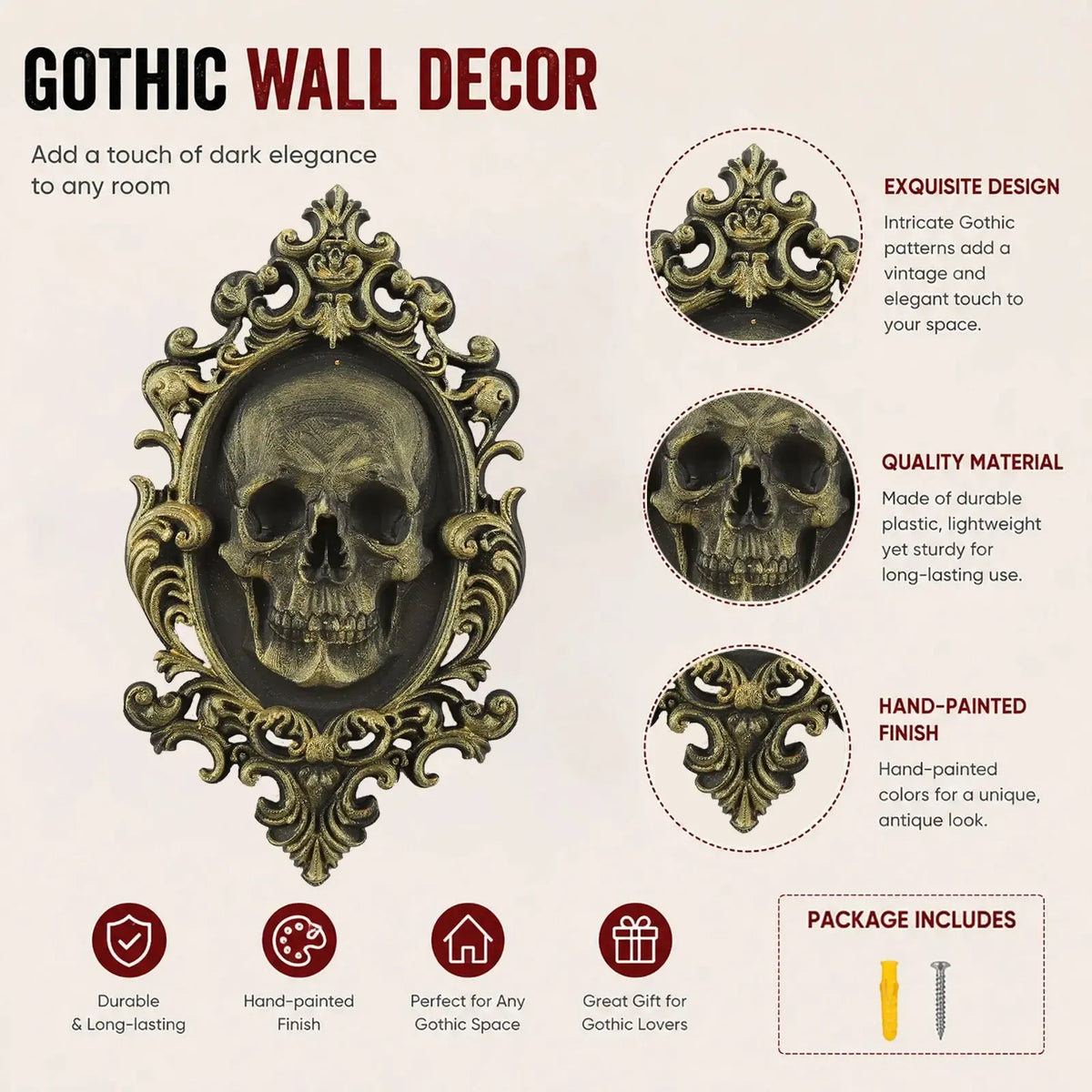 Skull wall plaque hanging above a shelf of books and candles