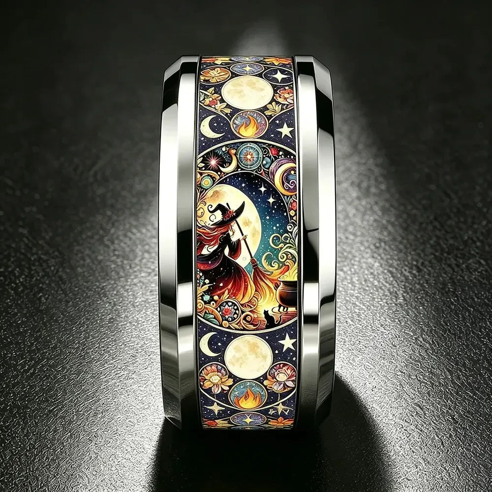 Gothic witch moon inlay ring dark background – vintage punk Pagan Wiccan spiritual jewellery gift