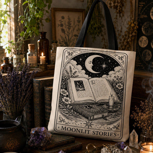 Canvas tote bag printed with 'Moonlit Stories': an open book, a candle, a crescent moon and stars, surrounded by flowers and clouds.