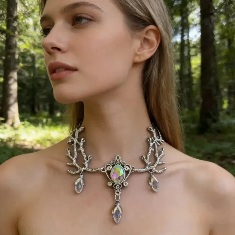 Vintage Witch Woodland Forest Branch Twig Crystal Drop Choker Necklace Wicca Pagan Jewelry-MoonChildWorld