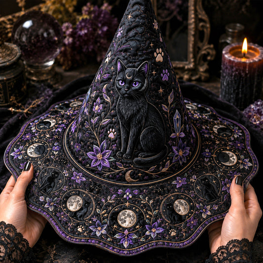 Violet Cat Witch Hat – Celestial Moon Phase Wiccan Wide Brim Hat – quilting and print detail