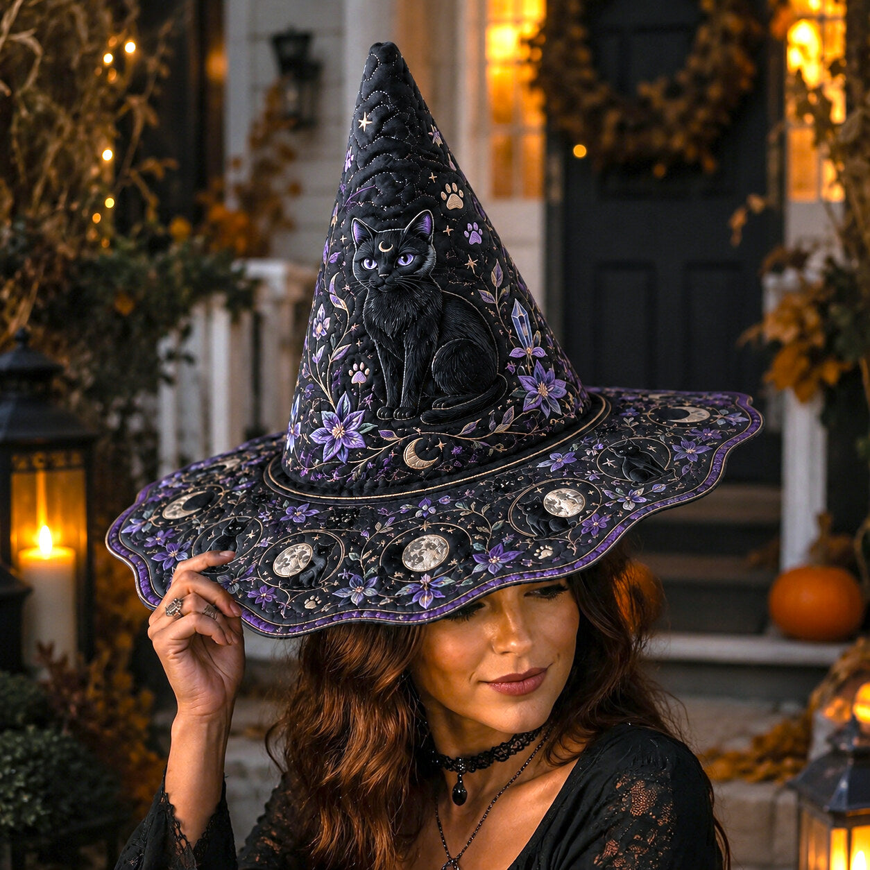 Violet Cat Witch Hat – Celestial Moon Phase Wiccan Wide Brim Hat – worn, front view