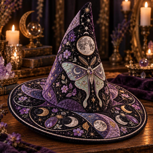 Violet Moth Quilted Witch Hat โ Luna Moth Celestial Wide Brim Hat โ styled with candles and crystals