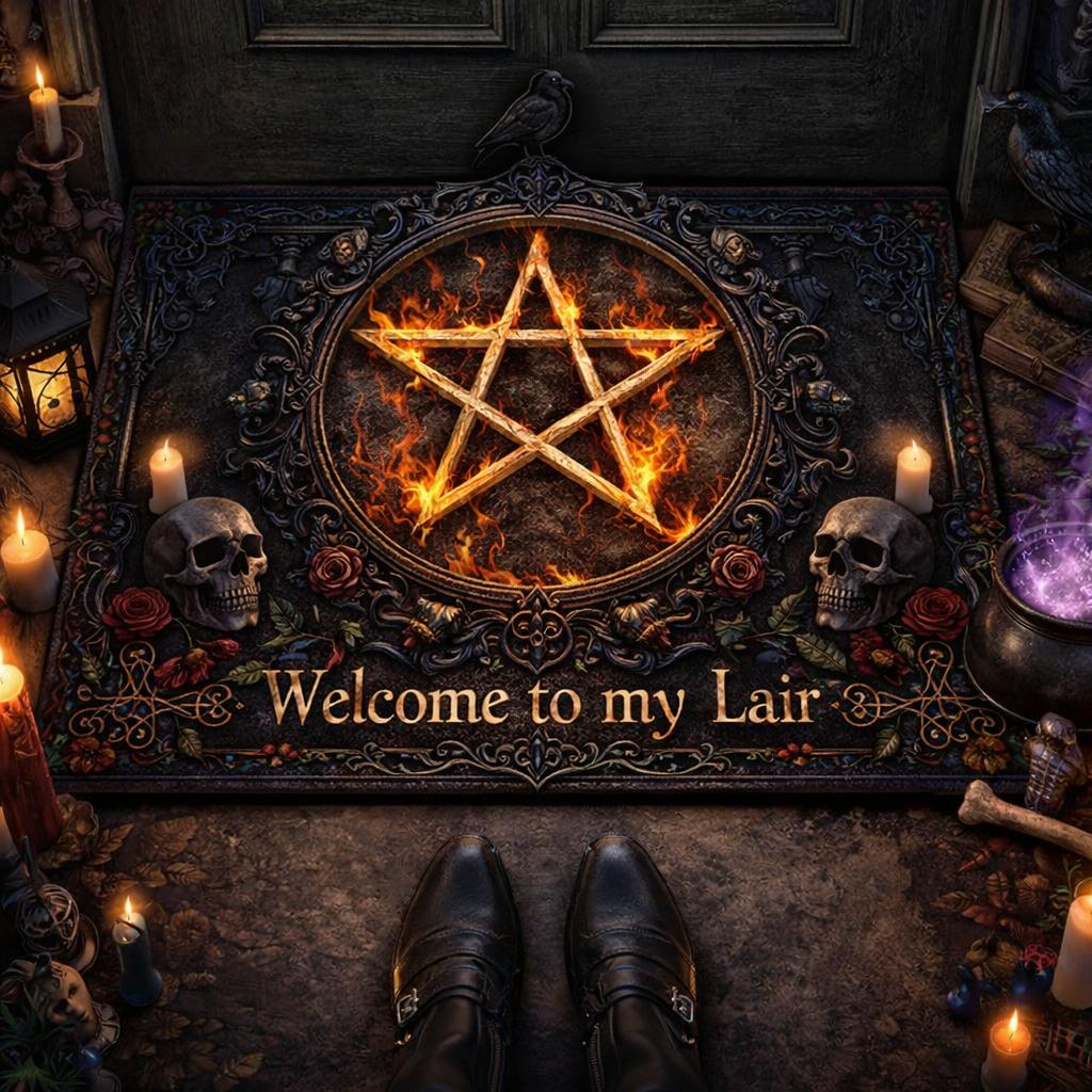 Gothic "Welcome to my Lair" doormat with a fiery pentacle, skulls, and roses, surrounded by candles.