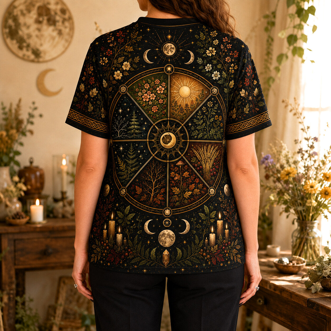 Wheel Of The Year Seasons T-Shirt Sabbat Candle Pagan Tee worn, back view