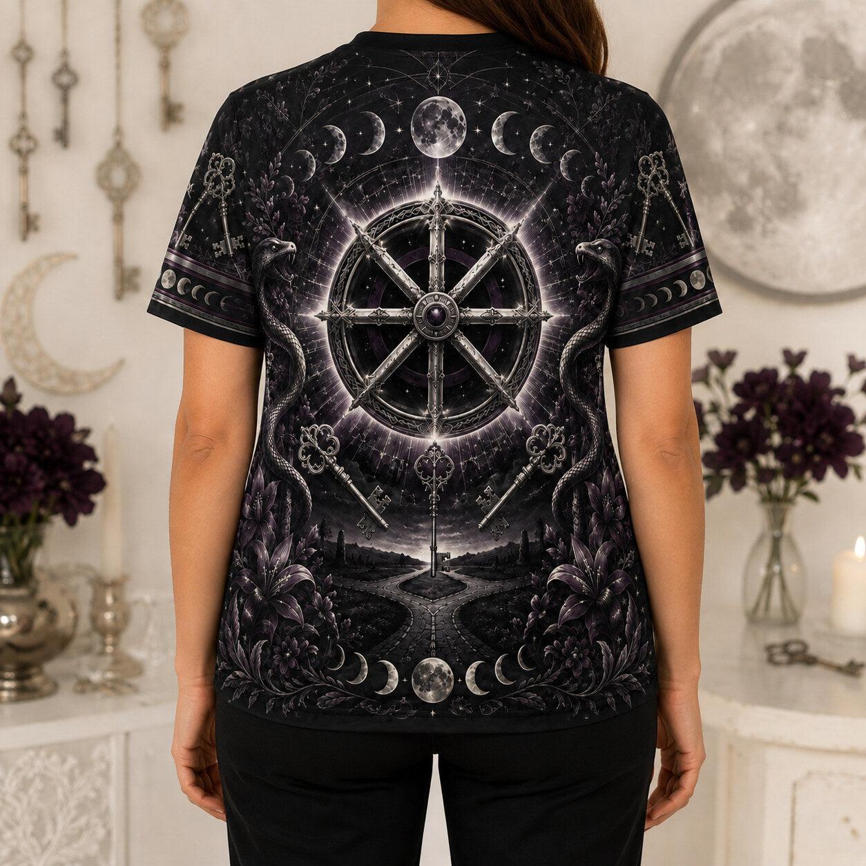 Wheel Of The Year T-Shirt Torch Moon Phases Sabbat Pagan Tee worn, back view