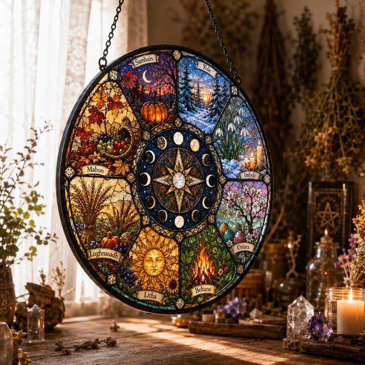 Wheel of the Year Glass Suncatcher - hanging view
