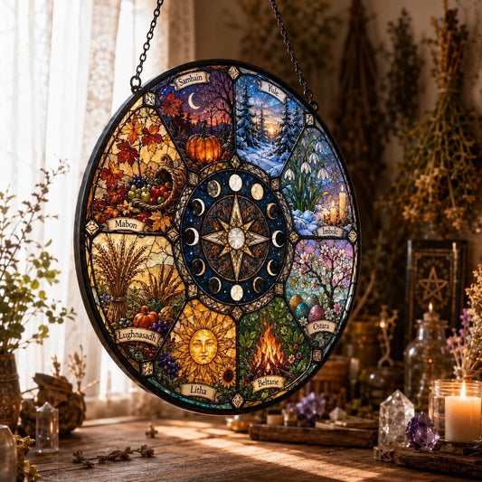 Wheel of the Year Glass Suncatcher - hanging view