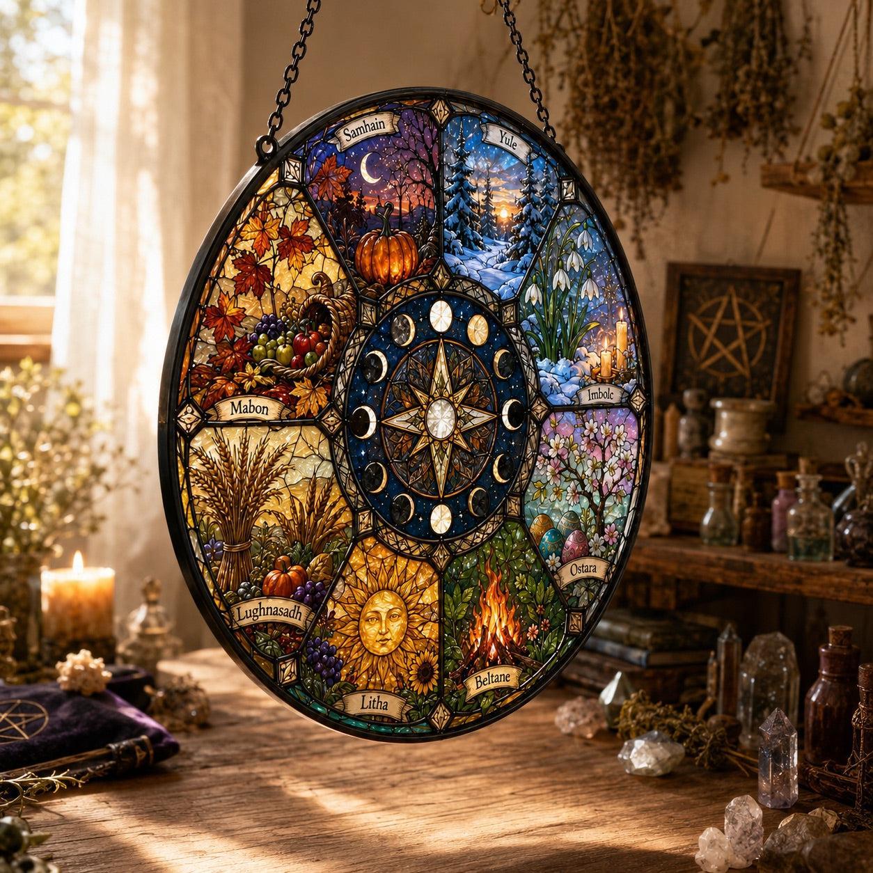 Wheel of the Year Glass Suncatcher - close up detail
