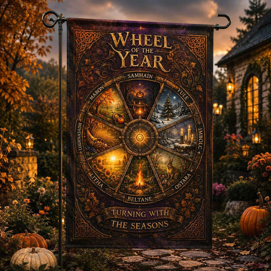 Wheel of the Year house flag with Turning with the Seasons sabbats design