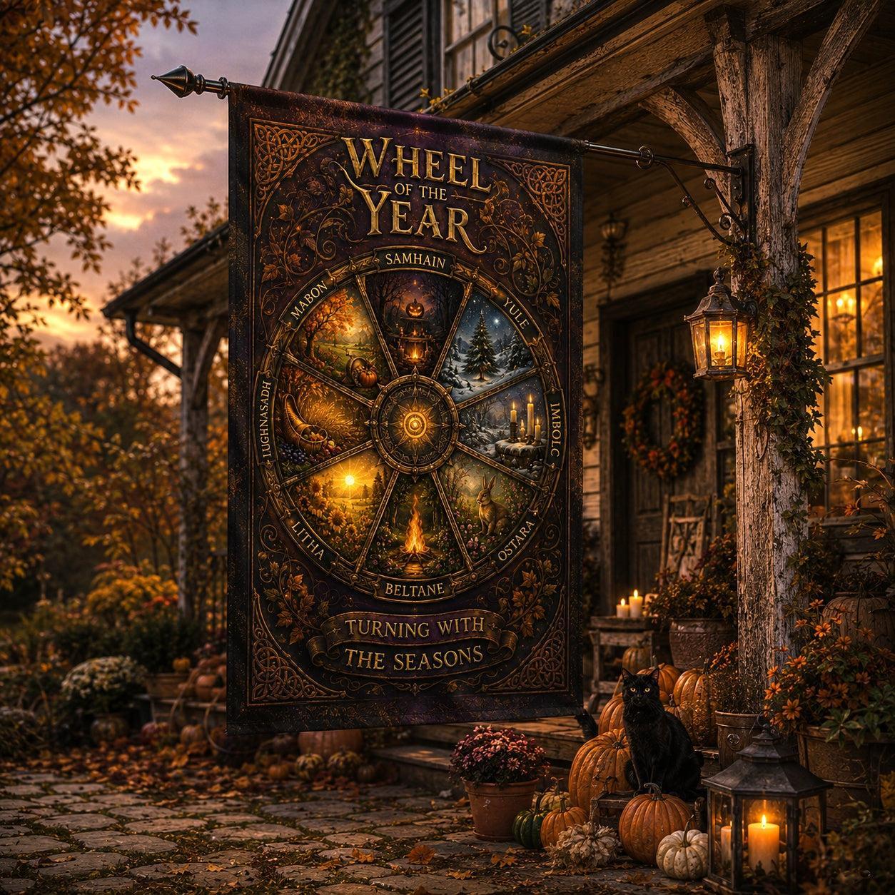 Close-up of Wheel of the Year house flag showing sabbats wheel artwork