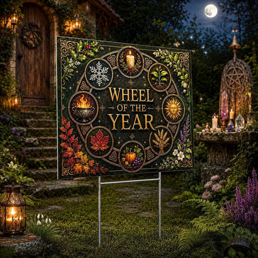 Wheel of the Year Seasonal Sun Wheel Wicca Yard Sign - garden display