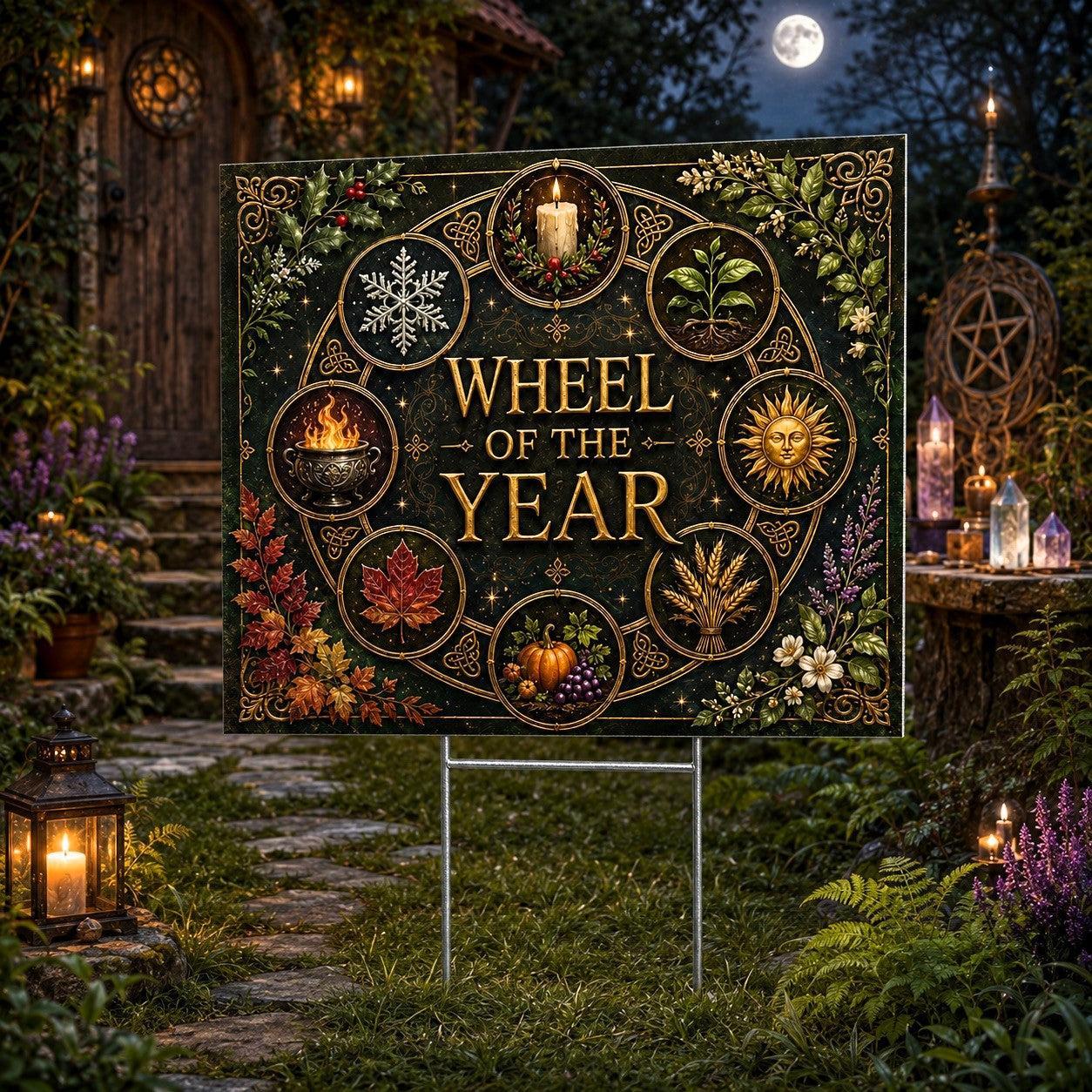 Wheel of the Year Seasonal Sun Wheel Wicca Yard Sign - porch scene