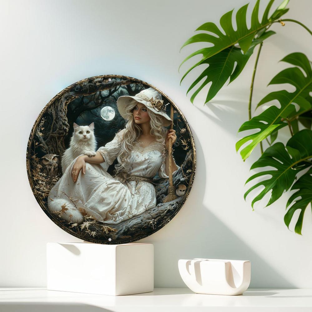 White Cat And Witch Metal Sign Enchanting Decor-MoonChildWorld