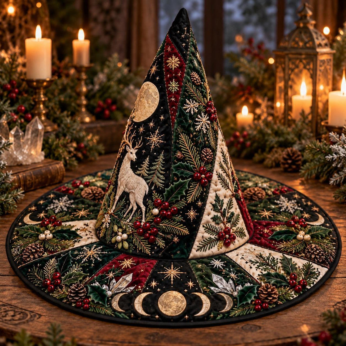 White Stag Quilted Witch Hat – Pagan Moon Phase Solstice Wide Brim Hat – on an altar table