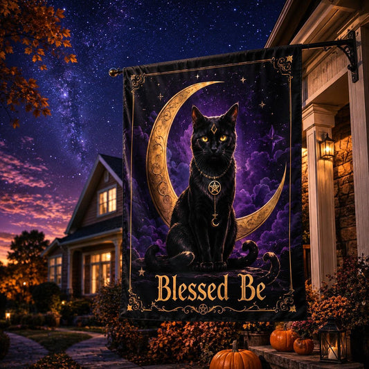 Wicca Black Cat house flag displayed outdoors on a garden flag stand